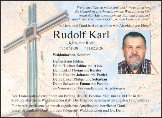 Traueranzeige von Rudolf Karl von Bayerwald Echo