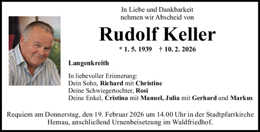 Traueranzeige für Rudolf Keller vom 14.02.2026 aus Mittelbayerische Zeitung Regensburg