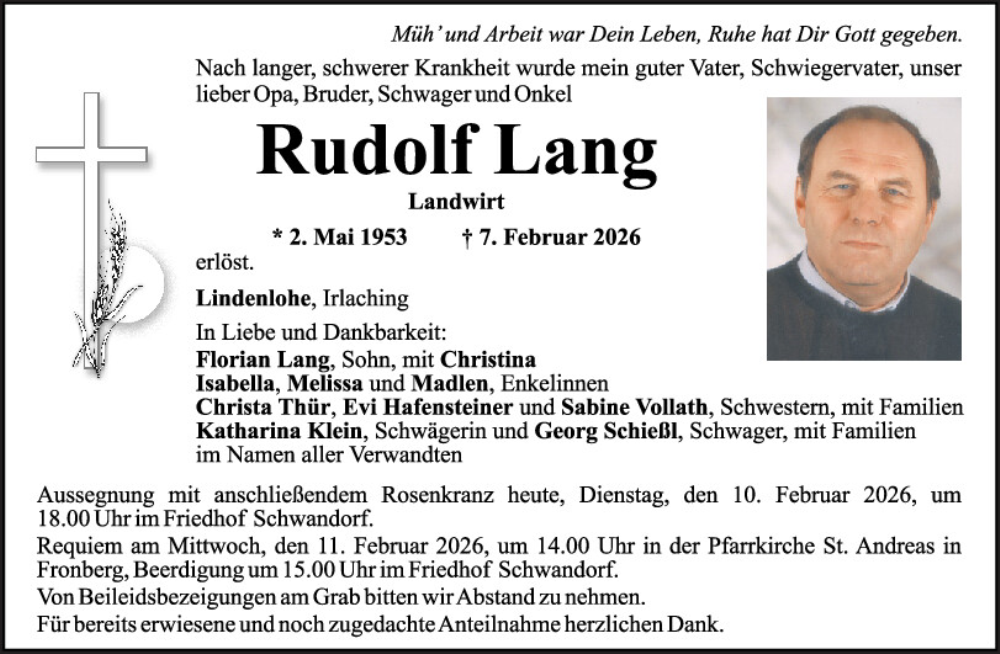  Traueranzeige für Rudolf Lang vom 10.02.2026 aus Mittelbayerische Zeitung Schwandorf