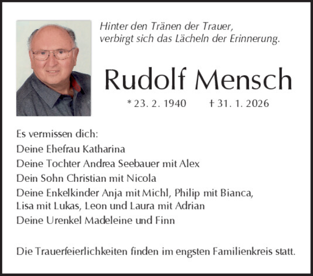  Traueranzeige für Rudolf Mensch vom 07.02.2026 aus Mittelbayerische Zeitung Regensburg