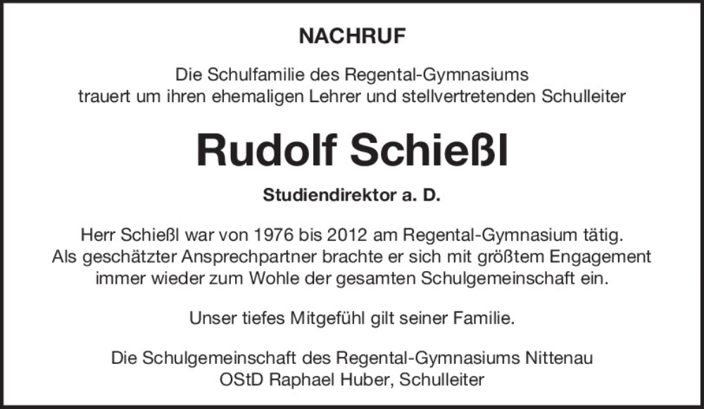  Traueranzeige für Rudolf Schießl vom 25.02.2026 aus Mittelbayerische Zeitung Schwandorf