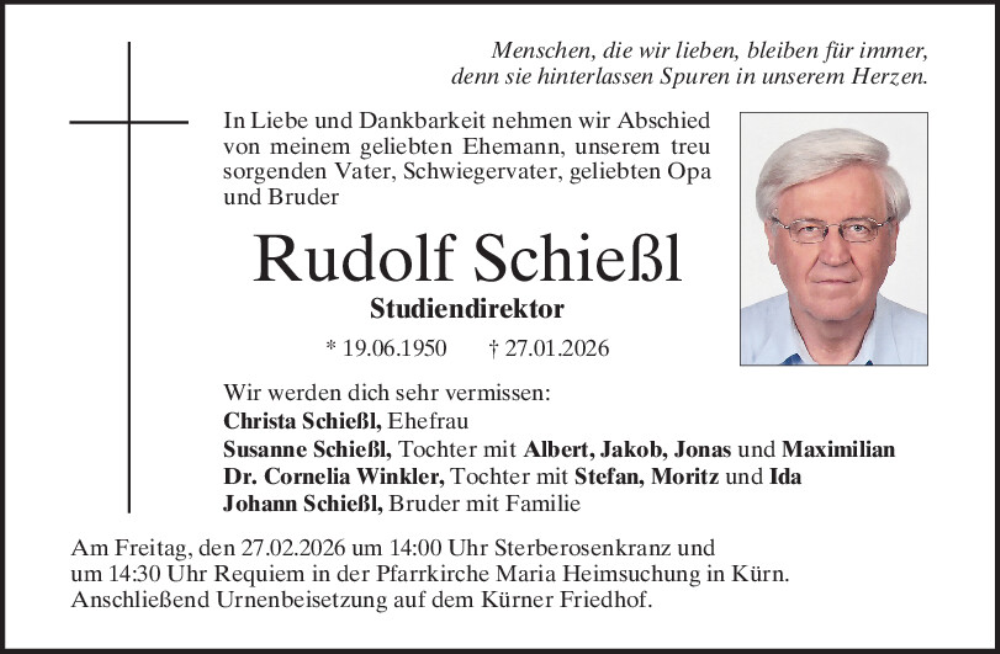  Traueranzeige für Rudolf Schießl vom 21.02.2026 aus Mittelbayerische Zeitung Regensburg, Mittelbayerische Zeitung Schwandorf