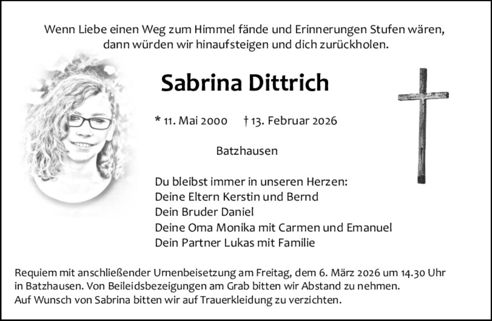  Traueranzeige für Sabrina Dittrich vom 28.02.2026 aus Neumarkter Tagblatt