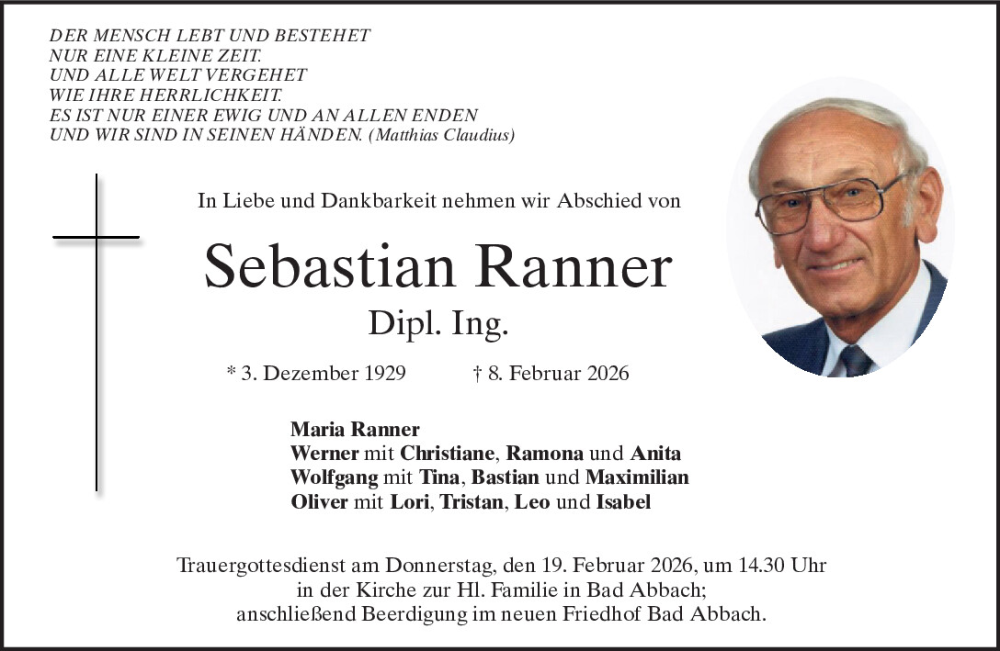  Traueranzeige für Sebastian Ranner vom 14.02.2026 aus Mittelbayerische Zeitung Regensburg