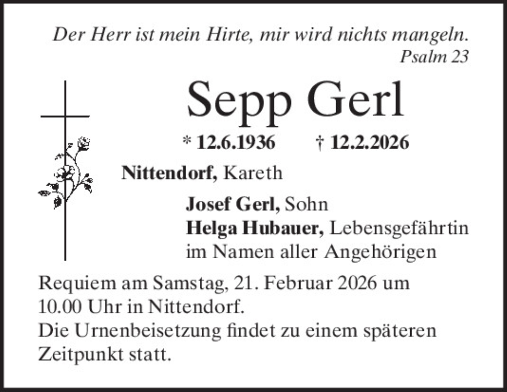  Traueranzeige für Sepp Gerl vom 19.02.2026 aus Mittelbayerische Zeitung Regensburg