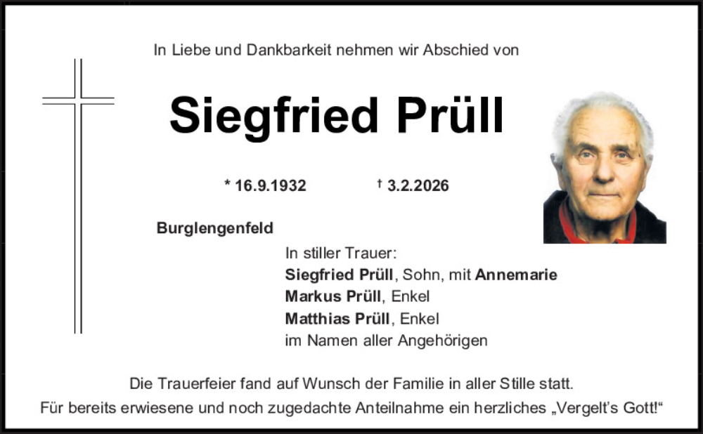  Traueranzeige für Siegfried Prüll vom 14.02.2026 aus Mittelbayerische Zeitung Schwandorf