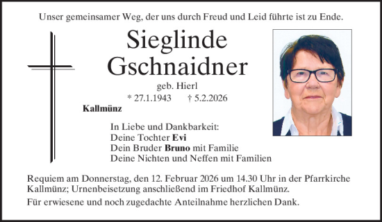 Traueranzeige von Sieglinde Gschnaidner von Mittelbayerische Zeitung Regensburg