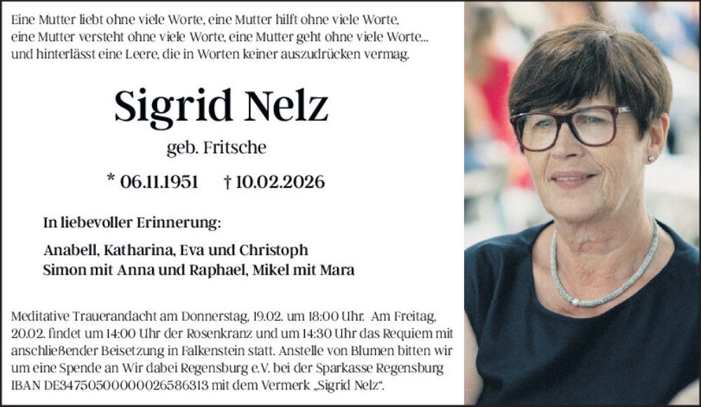  Traueranzeige für Sigrid Nelz vom 14.02.2026 aus Bayerwald Echo