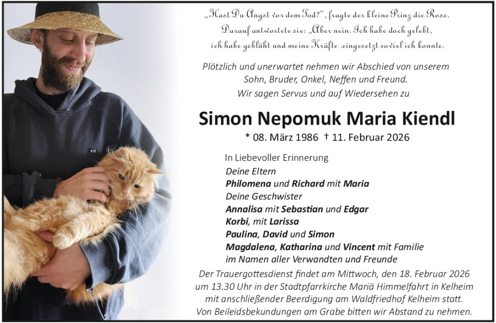  Traueranzeige für Simon Nepomuk Maria Kiendl vom 17.02.2026 aus Mittelbayerische Zeitung Kelheim