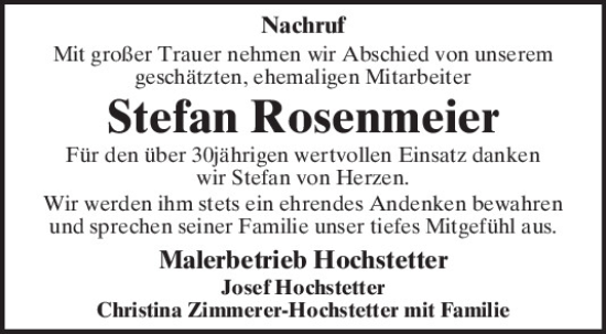 Traueranzeige von Stefan Rosenmeier von Mittelbayerische Zeitung Regensburg