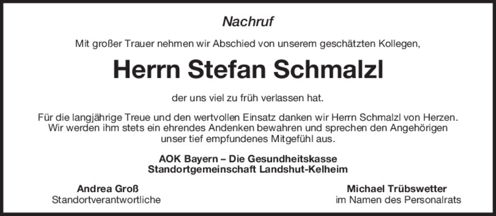  Traueranzeige für Stefan Schmalzl vom 10.02.2026 aus Mittelbayerische Zeitung Regensburg