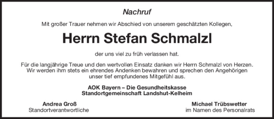Traueranzeige von Stefan Schmalzl von Mittelbayerische Zeitung Regensburg