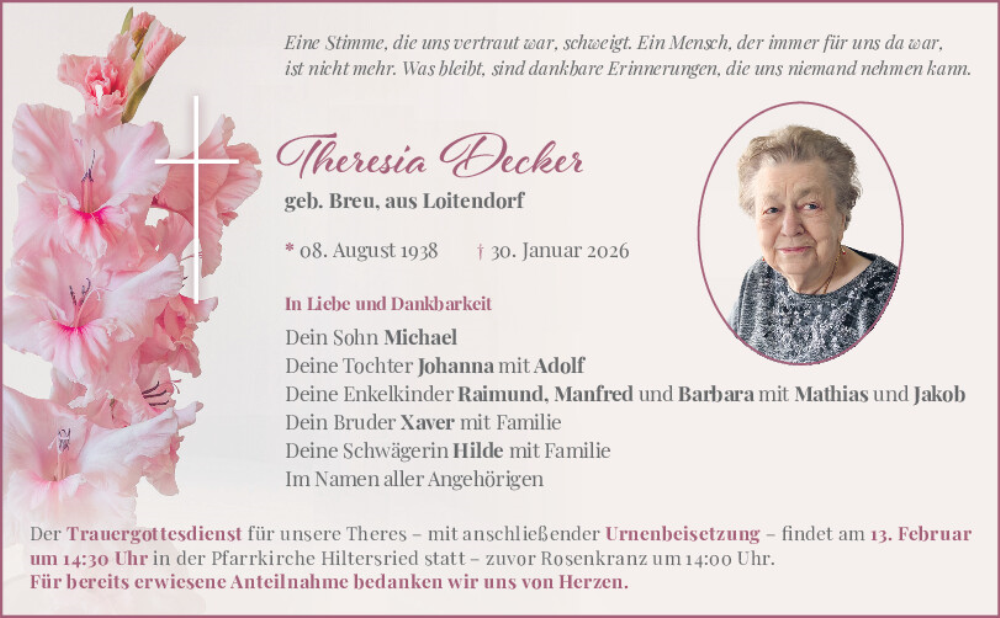  Traueranzeige für Theresia Decker vom 12.02.2026 aus Bayerwald Echo