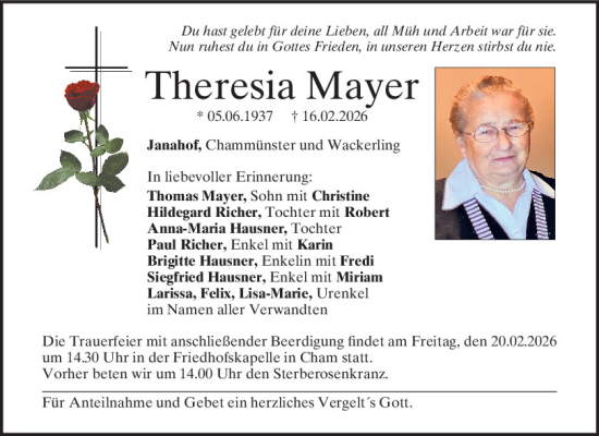 Traueranzeige von Theresia Mayer von Bayerwald Echo