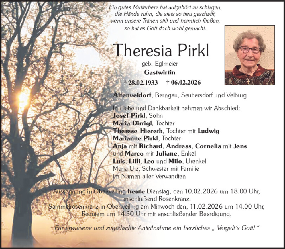  Traueranzeige für Theresia Pirkl vom 10.02.2026 aus Neumarkter Tagblatt