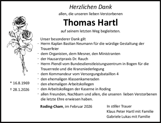 Traueranzeige von Thomas Hartl von Bayerwald Echo