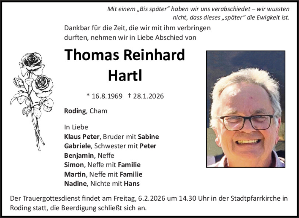  Traueranzeige für Thomas Reinhard Hartl vom 04.02.2026 aus Bayerwald Echo