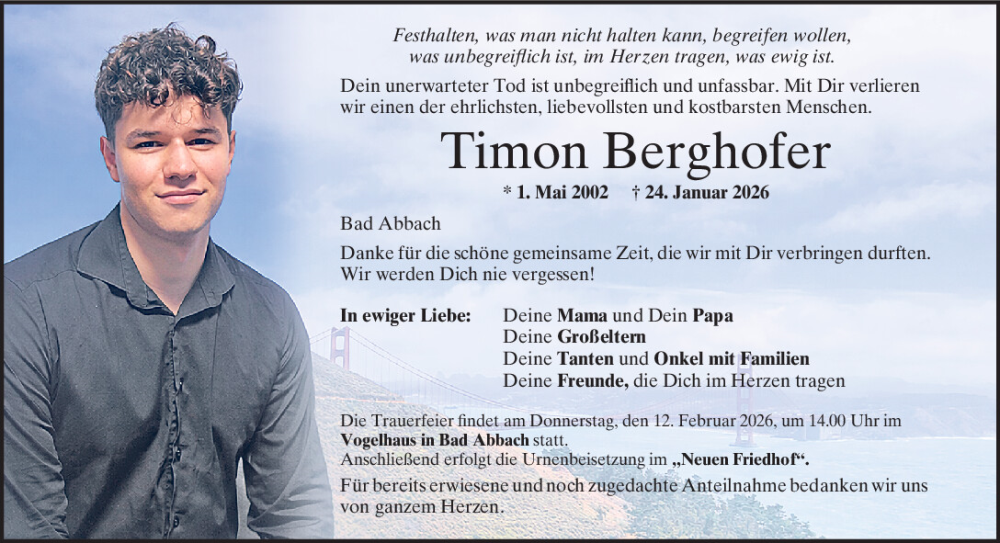 Traueranzeige für Timon Berghofer vom 07.02.2026 aus Mittelbayerische Zeitung Regensburg