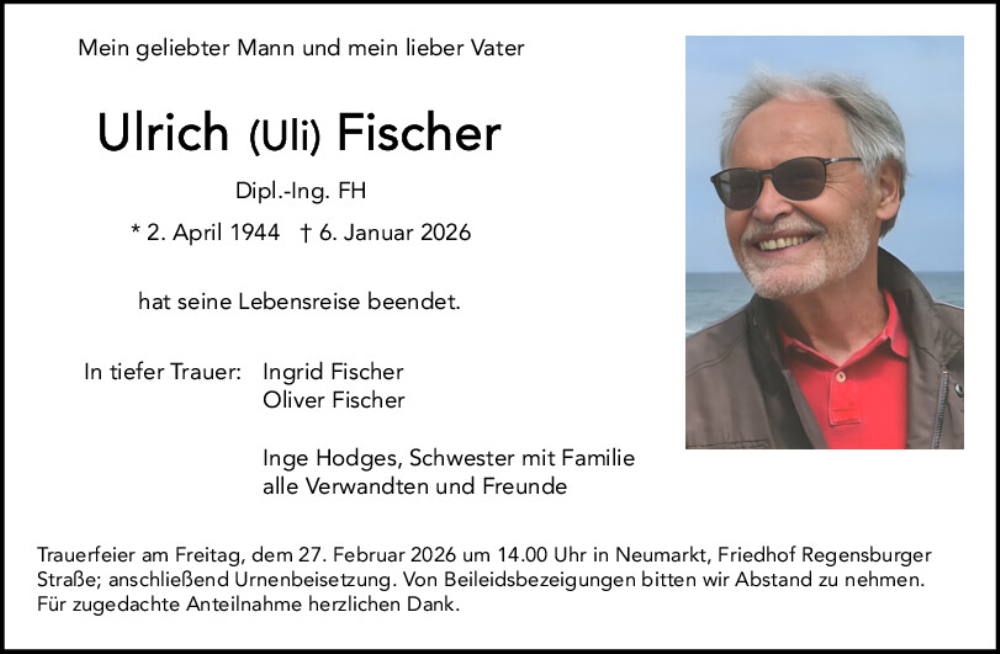  Traueranzeige für Ulrich Fischer vom 24.02.2026 aus Neumarkter Tagblatt