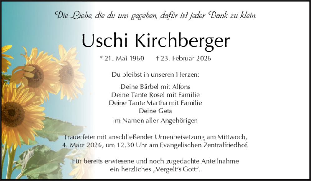  Traueranzeige für Uschi Kirchberger vom 28.02.2026 aus Mittelbayerische Zeitung Regensburg