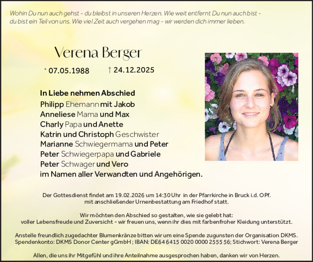  Traueranzeige für Verena Berger vom 14.02.2026 aus Mittelbayerische Zeitung Schwandorf