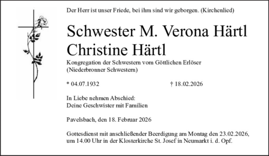 Traueranzeige von Verona Härtl von Neumarkter Tagblatt