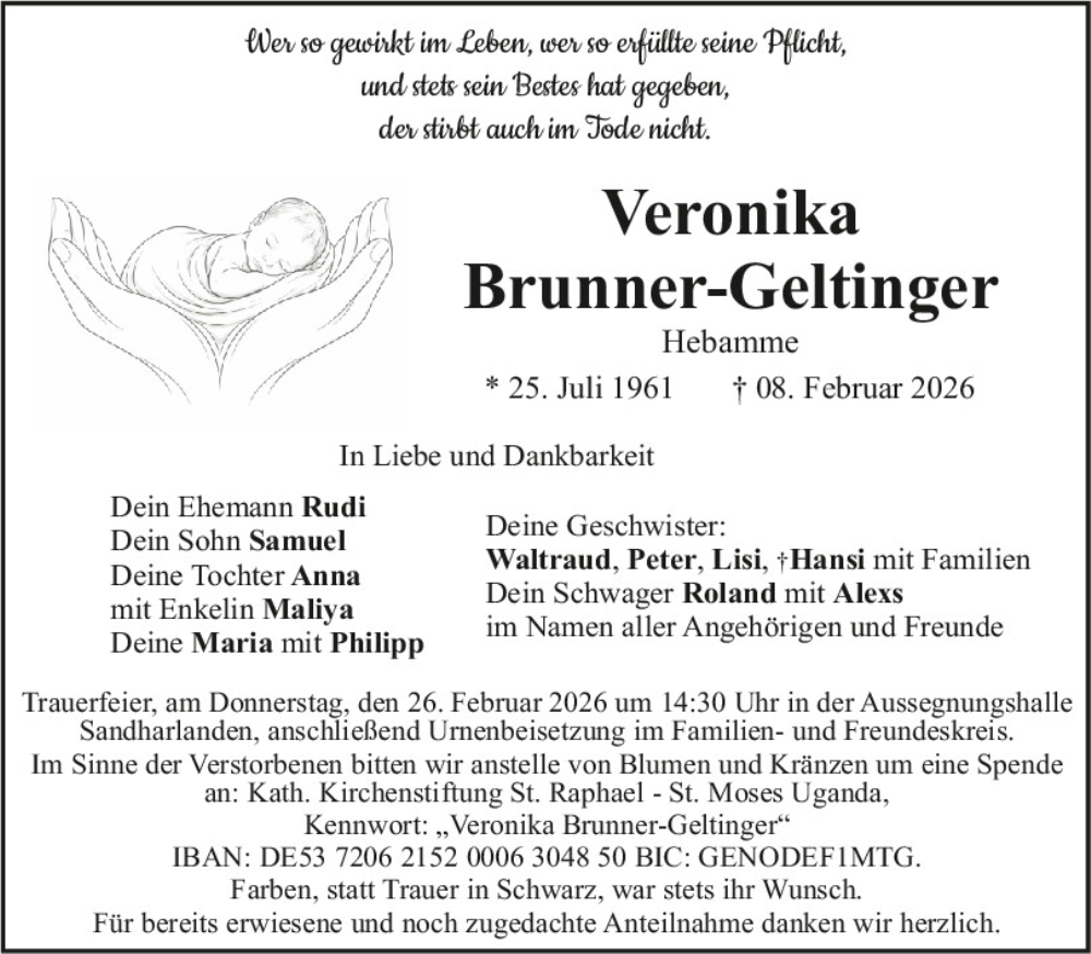  Traueranzeige für Veronika Brunner-Geltinger vom 21.02.2026 aus Mittelbayerische Zeitung Kelheim