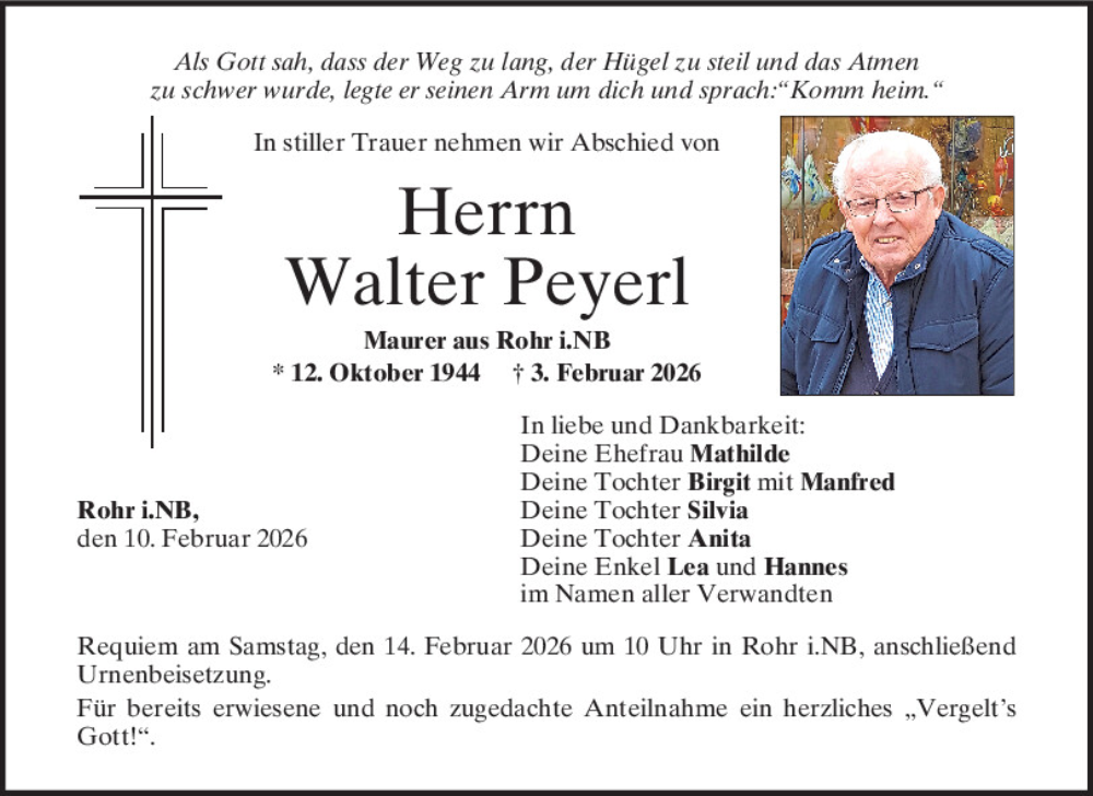  Traueranzeige für Walter Peyerl vom 10.02.2026 aus Mittelbayerische Zeitung Kelheim