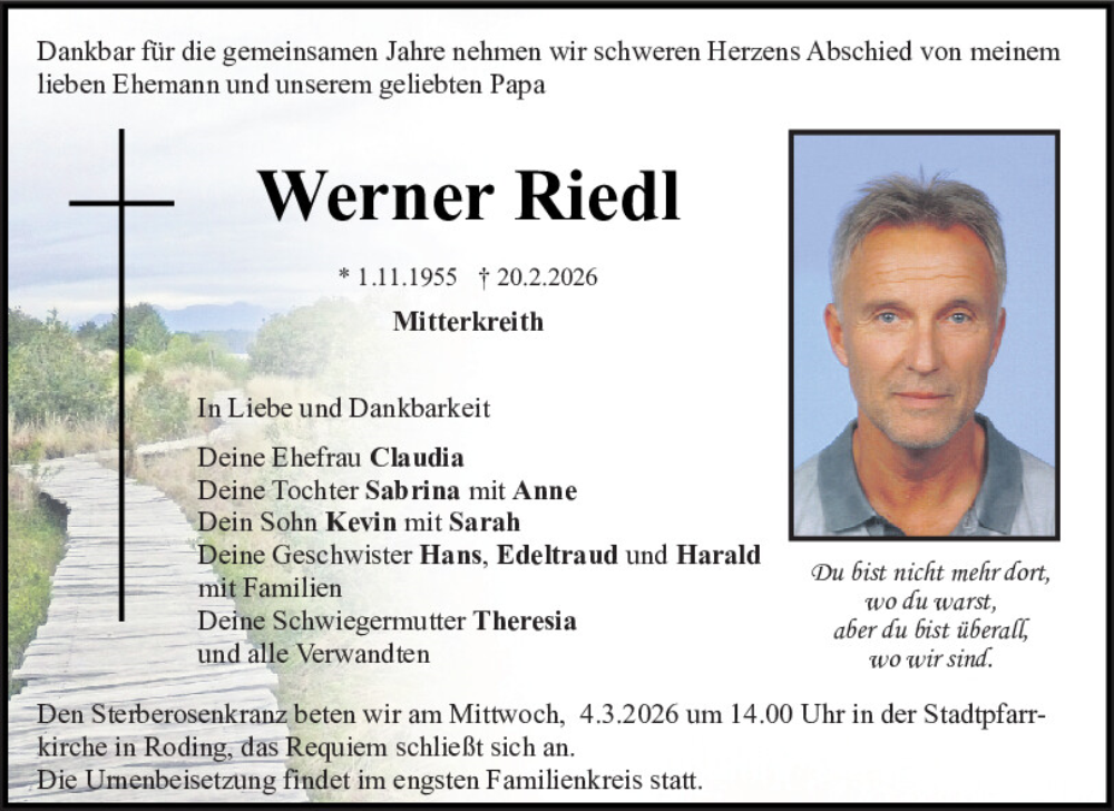  Traueranzeige für Werner Riedl vom 28.02.2026 aus Bayerwald Echo