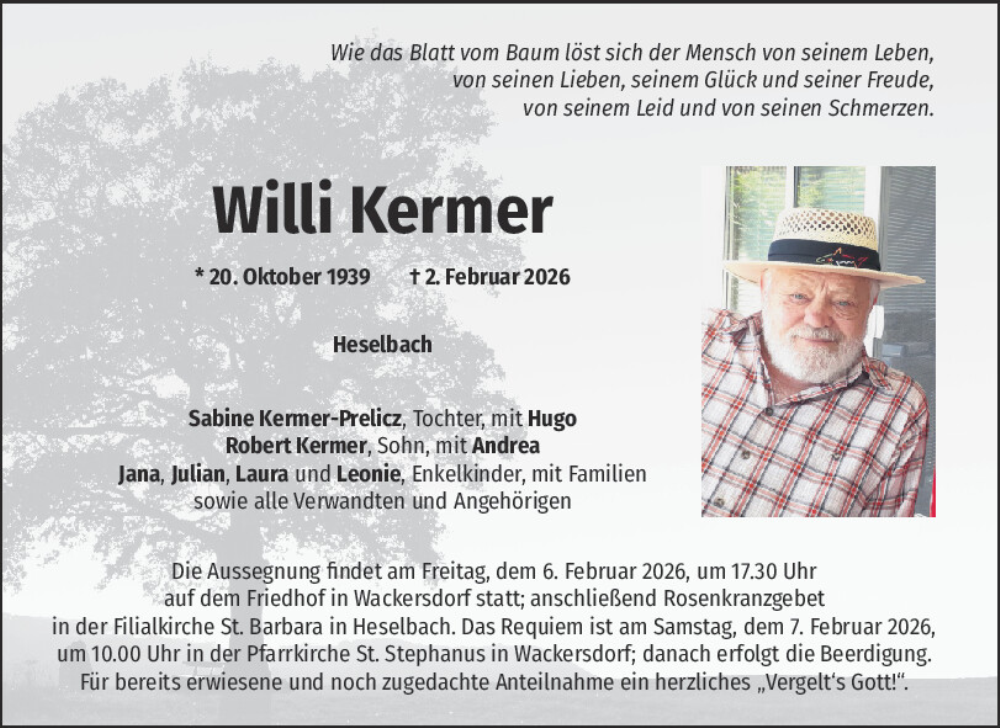  Traueranzeige für Willi Kermer vom 04.02.2026 aus Mittelbayerische Zeitung Schwandorf