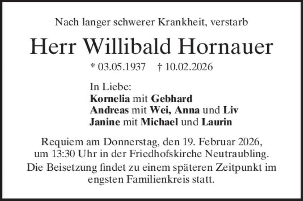  Traueranzeige für Willibald Hornauer vom 14.02.2026 aus Mittelbayerische Zeitung Regensburg