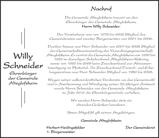 Traueranzeige von Willy Schneider von Mittelbayerische Zeitung Regensburg
