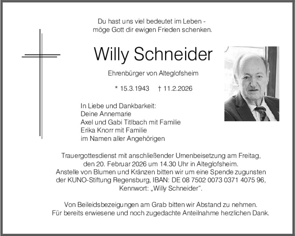  Traueranzeige für Willy Schneider vom 14.02.2026 aus Mittelbayerische Zeitung Regensburg