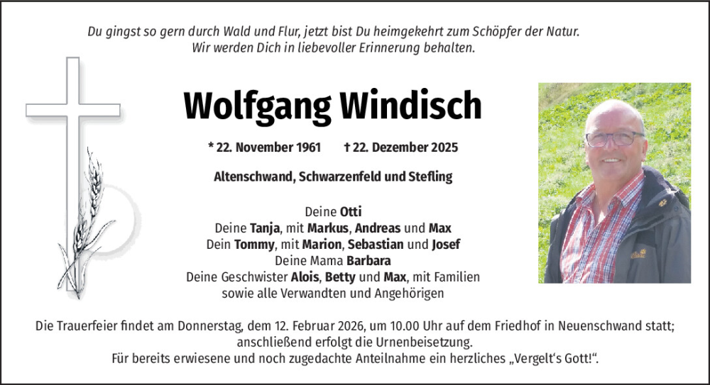  Traueranzeige für Wolfgang Windisch vom 07.02.2026 aus Mittelbayerische Zeitung Schwandorf