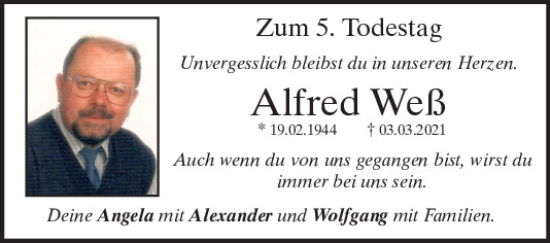 Traueranzeige von Alfred Weß von Bayerwald Echo