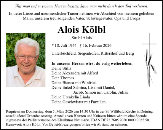 Traueranzeige von Alois Kölbl von Neumarkter Tagblatt