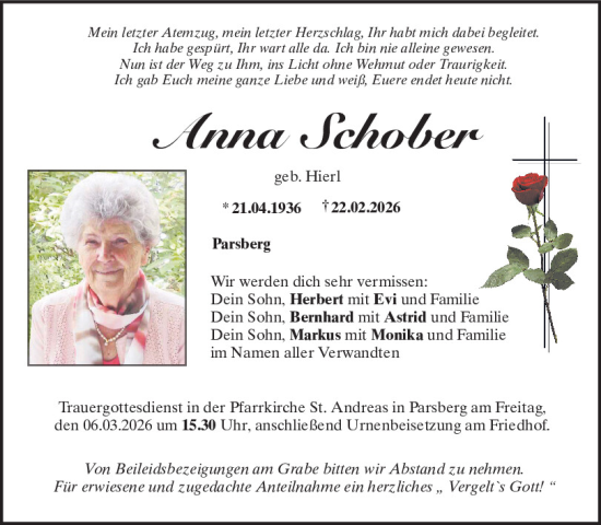 Traueranzeige von Anna Schober von Neumarkter Tagblatt