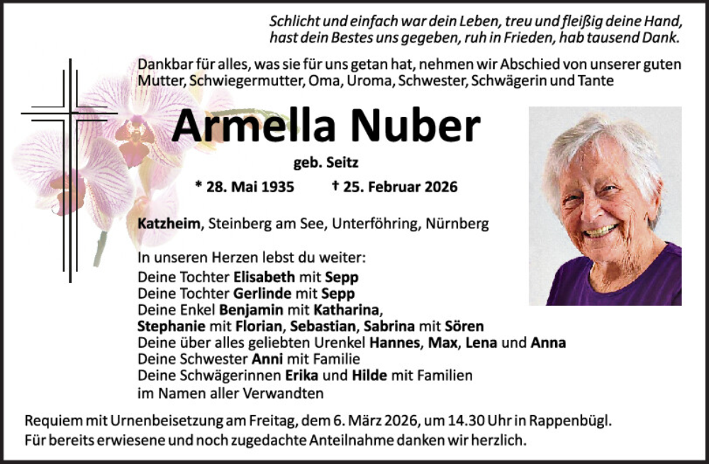  Traueranzeige für Armella Nuber vom 03.03.2026 aus Mittelbayerische Zeitung Schwandorf
