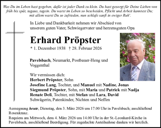 Traueranzeige von Erhard Pröpster von Neumarkter Tagblatt