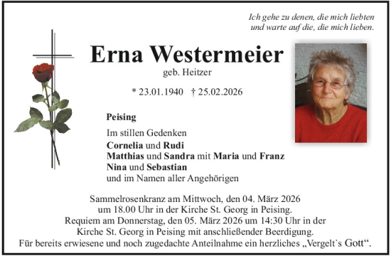 Traueranzeige von Erna Westermeier von Mittelbayerische Zeitung Regensburg