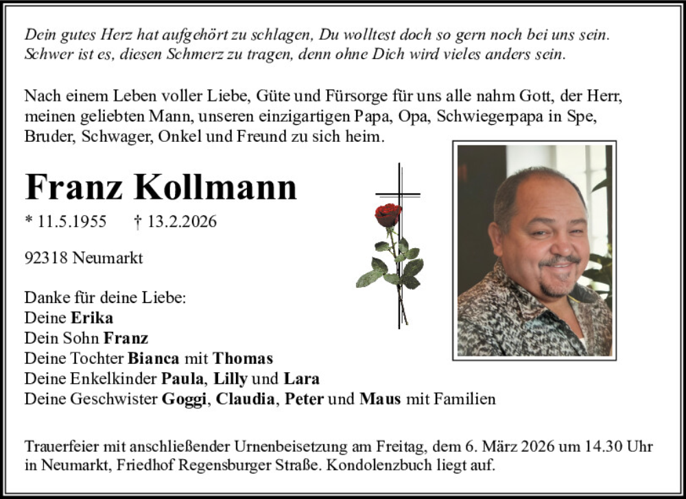  Traueranzeige für Franz Kollmann vom 03.03.2026 aus Neumarkter Tagblatt