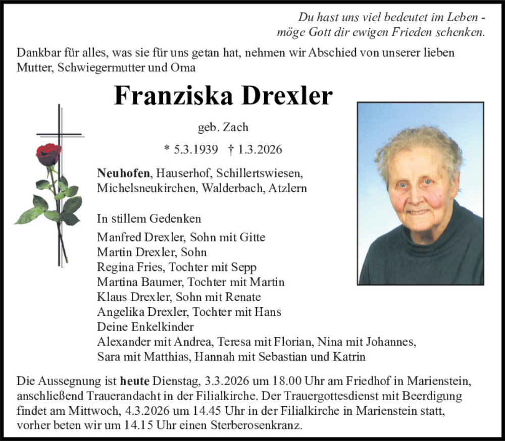 Traueranzeige für Franziska Drexler vom 03.03.2026 aus Bayerwald Echo
