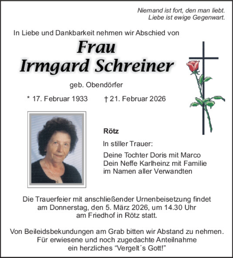  Traueranzeige für Irmgard Schreiner vom 03.03.2026 aus Bayerwald Echo