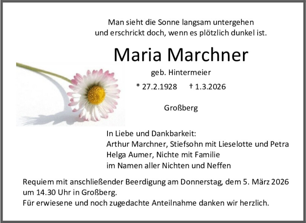  Traueranzeige für Maria Marchner vom 03.03.2026 aus Mittelbayerische Zeitung Regensburg