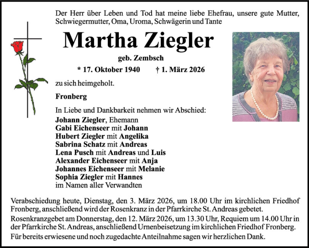  Traueranzeige für Martha Ziegler vom 03.03.2026 aus Mittelbayerische Zeitung Schwandorf