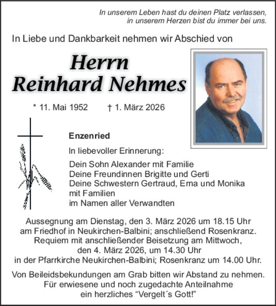  Traueranzeige für Reinhard Nehmes vom 03.03.2026 aus Bayerwald Echo, Mittelbayerische Zeitung Schwandorf