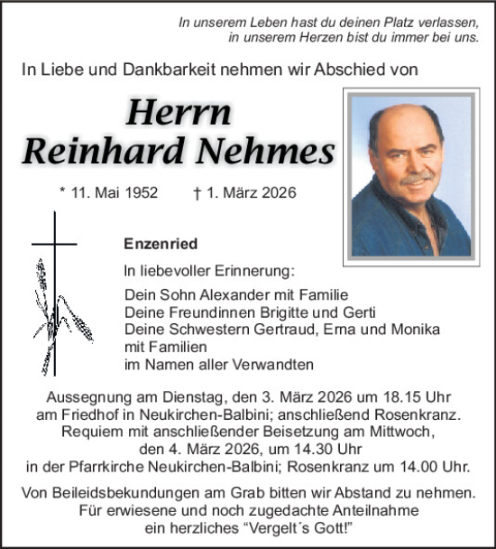 Traueranzeige von Reinhard Nehmes von Bayerwald Echo, Mittelbayerische Zeitung Schwandorf