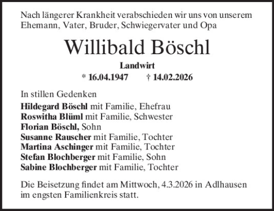 Traueranzeige von Willibald Böschl von Mittelbayerische Zeitung Kelheim