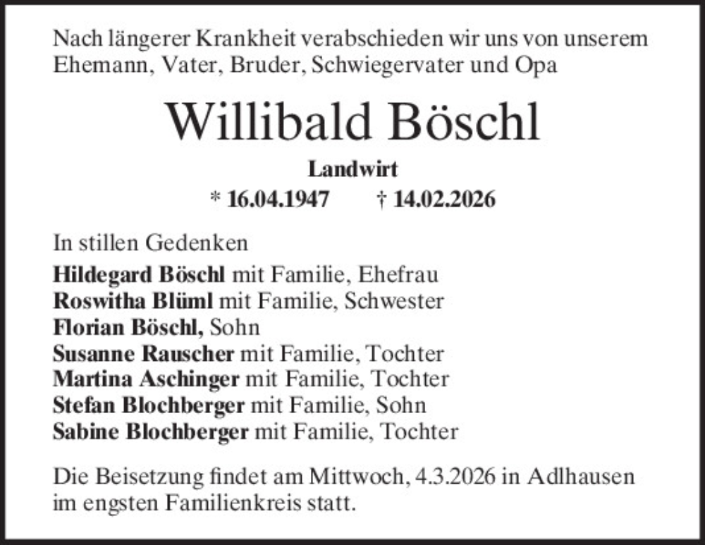  Traueranzeige für Willibald Böschl vom 03.03.2026 aus Mittelbayerische Zeitung Kelheim
